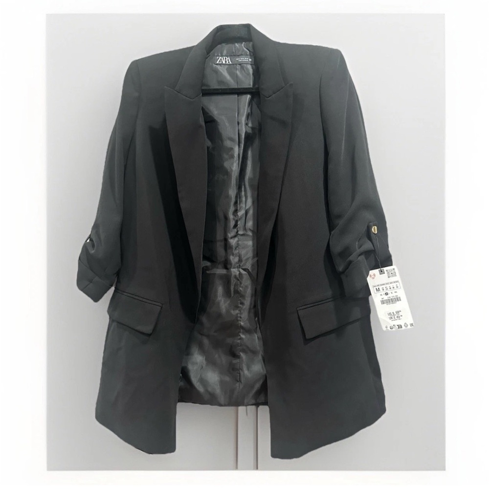 Zara Black Tailored Blazer with 3/4 Rolled Up Sleeves Medium